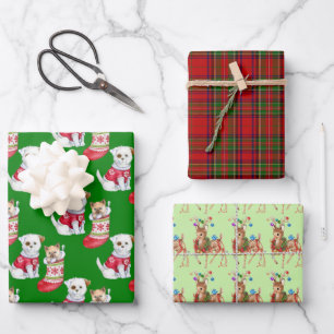 Weihnachts-Rentier Kitten, Hund und Grün Rot Karie Geschenkpapier Set