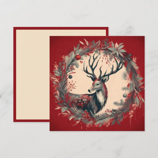 Weihnachts-Rentier mit Holiday Wreath Feiertagskarte (Vorne/Hinten)