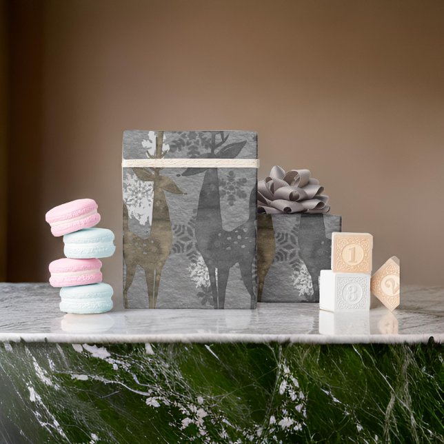 Weihnachts-Rentier und Schneeflocken Stahl Grau Geschenkpapier (Von Creator hochgeladen)