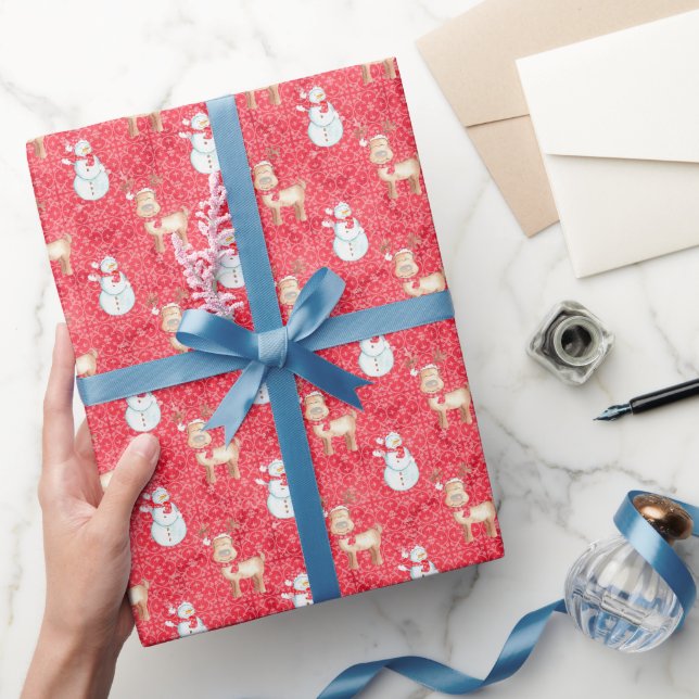 Weihnachts-Rentier und Schneemann-Muster - Rot Geschenkpapier (Schenken)