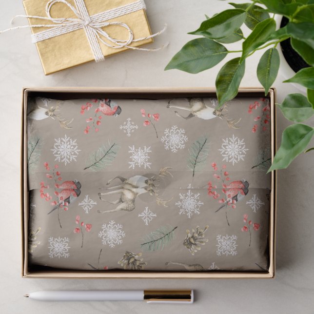 Weihnachts-Rentiergestein und Vogelwaldmuster Seidenpapier (Geschenk)