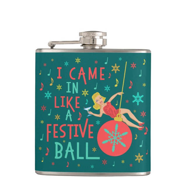 Weihnachts-Retro-Frau auf Weihnachten-Ball Flachmann (Vorderseite)