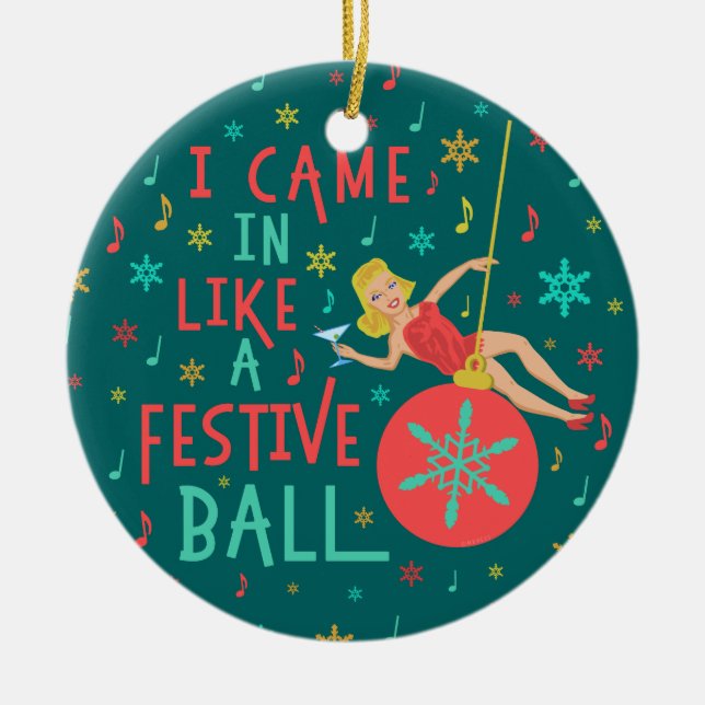 Weihnachts-Retro-Frau auf Weihnachten-Ball Keramik Ornament (Vorne)
