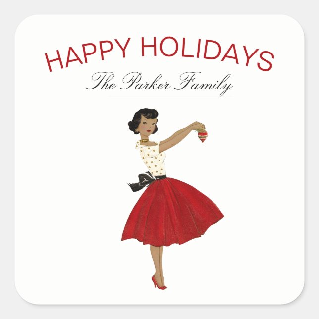 Weihnachts-Retro-Frau im Kleid Quadratischer Aufkleber (Vorderseite)