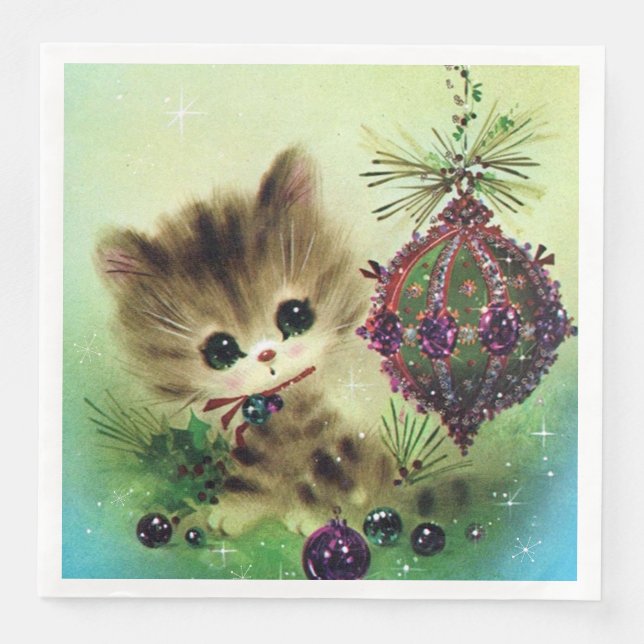 Weihnachts Retro-Glühbirne Katzennapkins Party Serviette (Vorderseite)