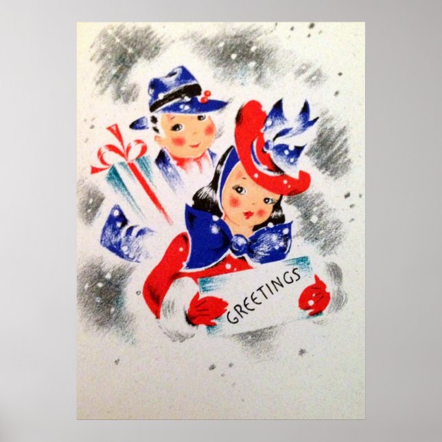 Weihnachts-Retro-Paar Holiday Vintage Poster (Vorne)
