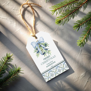 Weihnachts Retro staubige blaue Bogen Gras Jahrtau Geschenkanhänger