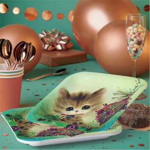 Weihnachts Retrokugel Katzenplatte Party Pappteller