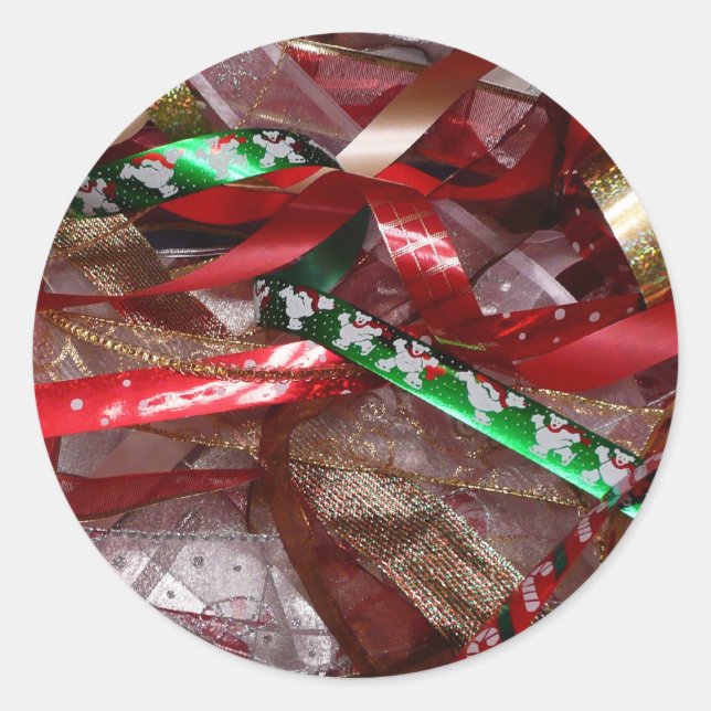 Weihnachts-Ribbons Red Green und Gold Holiday Runder Aufkleber (Vorderseite)