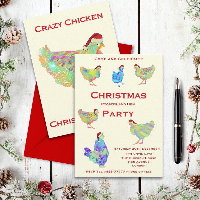Weihnachts-Rooster und Hen-Party (Rooster and hen themed christmas party invitation with cute colorful chickens wearing Santa hats)