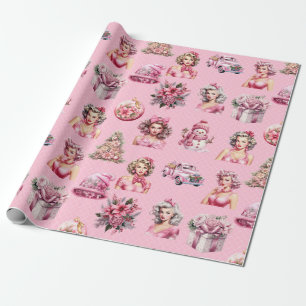 Weihnachts-Rosa-Button-Up-Puppe, Baumwagendesign Geschenkpapier