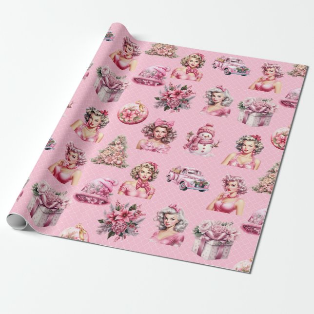 Weihnachts-Rosa-Button-Up-Puppe, Baumwagendesign Geschenkpapier (Ungerollt)