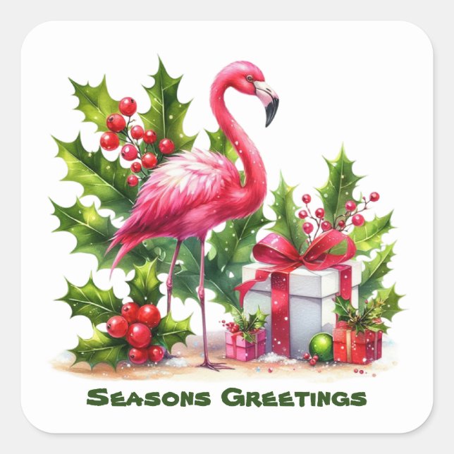 Weihnachts-Rosa Flamingo hinzufügen Text Quadratischer Aufkleber (Vorderseite)