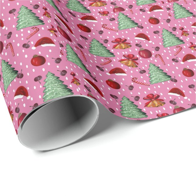 Weihnachts-Rosa-Ornamente Kissen Geschenkpapier (Rolleneckpunkt)
