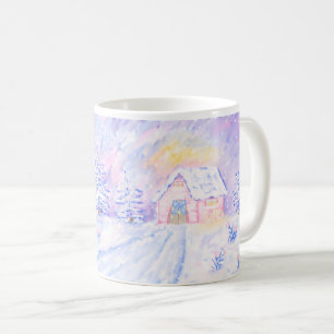 Weihnachts-Rosa-Schnee-Hütte-Szene Illustration Ta Kaffeetasse