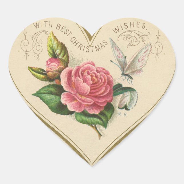 Weihnachts-Rose und Schmetterling Herz-Aufkleber (Vorderseite)
