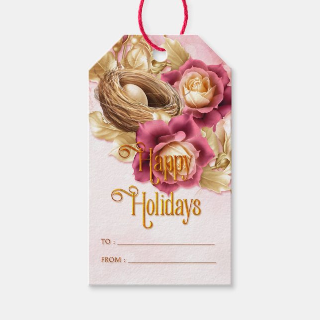 Weihnachts-Rose Vogelnest und glückliche Ei-Feiert Geschenkanhänger (Vorderseite)