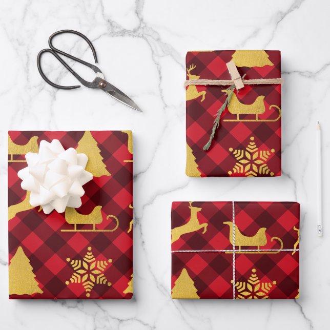 Weihnachts-Rot & Black Buffalo Kariert Gold Weihna Geschenkpapier Set (Vorderseite)