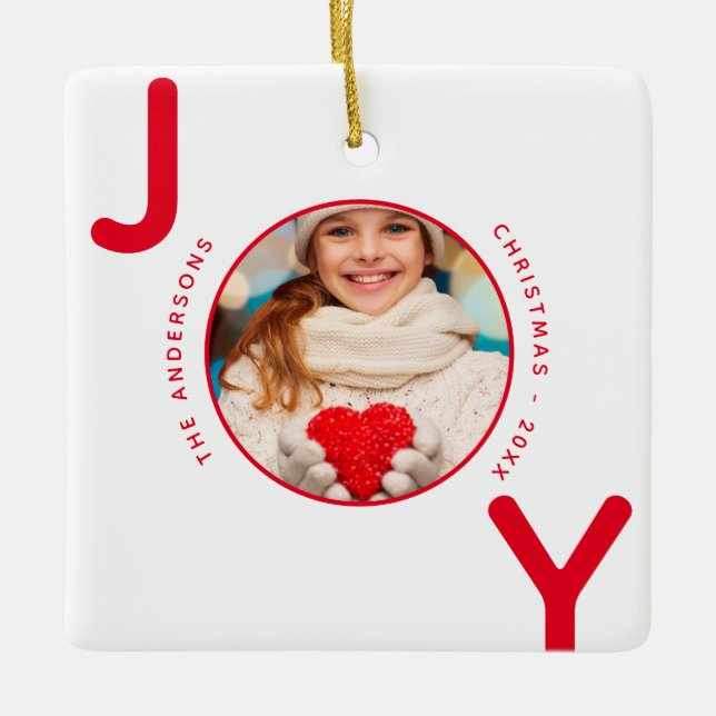 Weihnachts-Rot-Foto-Freudenname Keramikornament (Vorderseite)