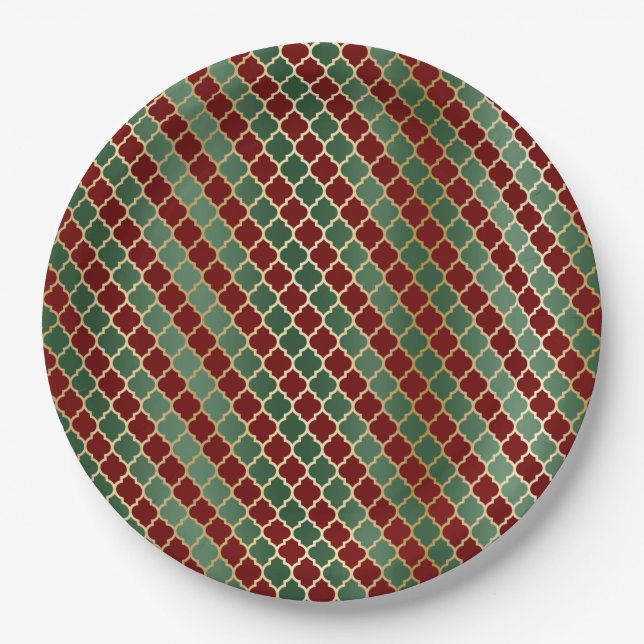 Weihnachts-Rot-Gold-Grüne-Quatrefolie Pappteller (Vorderseite)