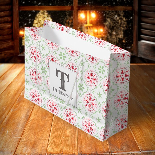 Weihnachts-Rot-Monogramm-Snowflake-Monogramm Große Geschenktüte (Holiday red and green snowflake pattern large gift bag,)