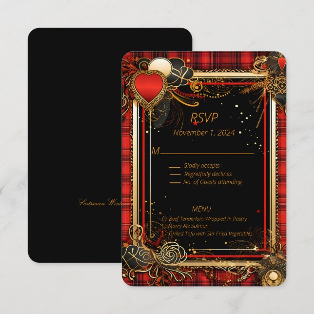 Weihnachts-Rot-und-Gold-Hochzeit RSVP Karte (Vorne/Hinten)
