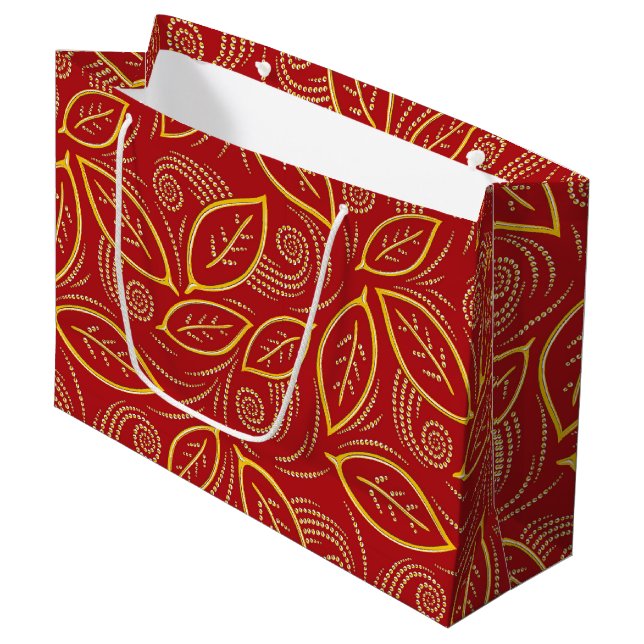 Weihnachts-Rot und Gold-Illustrierte Blätter Muste Große Geschenktüte (Vorderseite Schrägansicht)
