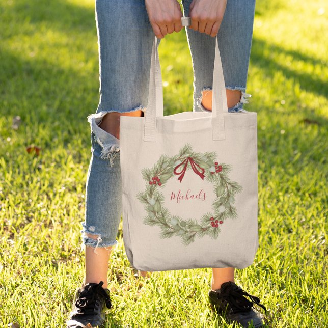 Weihnachts-Rot und Grüner Kleider Tragetasche (Christmas holiday classic greenery wreath design tote bag)