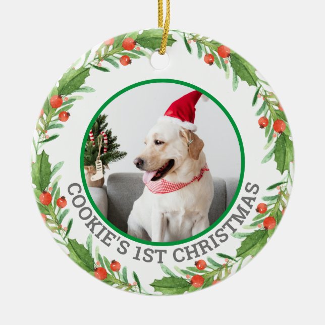 Weihnachts-Rot und Grünes Kraut Foto Keramik Ornament (Vorne)