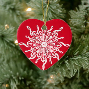 Weihnachts Rot Weiß G-Clef Snowflake Monogramm Keramik Ornament