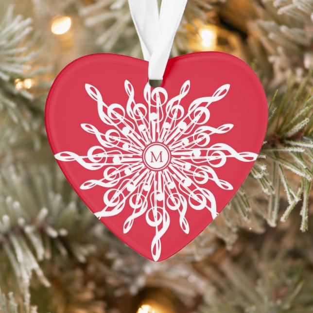 Weihnachts Rot Weiß G-Clef Snowflake Monogramm Ornament (Baum)
