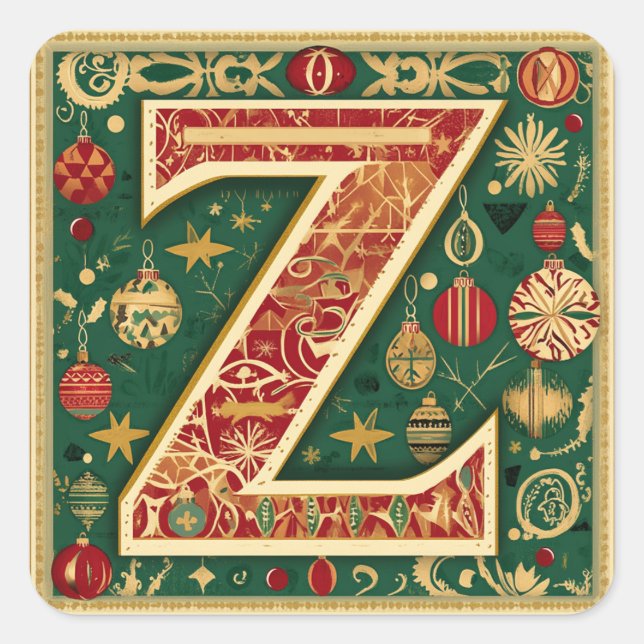 Weihnachts Rot Z mit Grün und Gold Quadratischer Aufkleber (Vorderseite)
