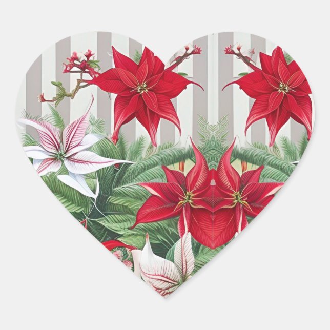 Weihnachts-Rote Amaryllis und Poinsettias Herz-Aufkleber (Vorderseite)