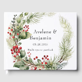 Weihnachts Rote Berries Pine Needles Wreath Weddin Gästebuch