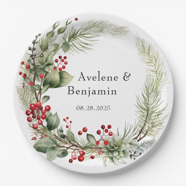 Weihnachts Rote Berries Pine Needles Wreath Weddin Pappteller (Vorderseite)