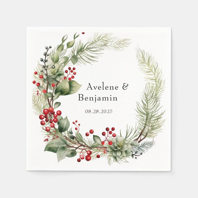 Weihnachts Rote Berries Pine Needles Wreath Weddin Serviette (Vorderseite)