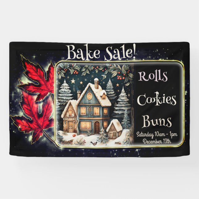 Weihnachts Rote Blätter Snowy Village Bake Sale Banner (Horizontal)