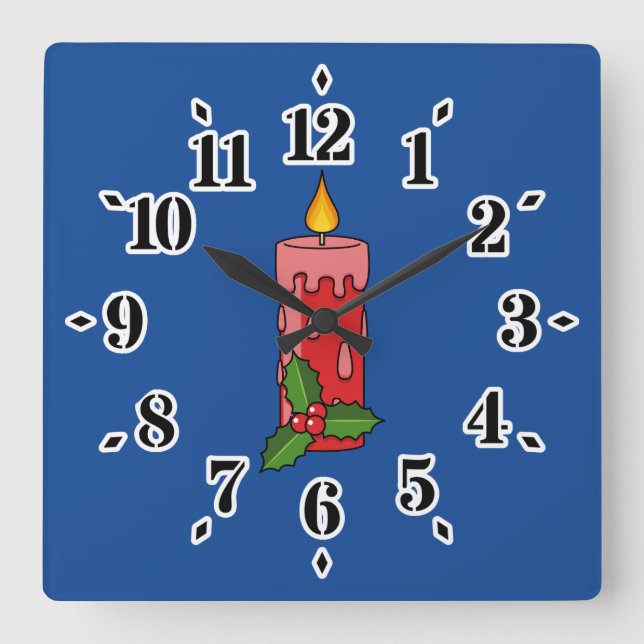 Weihnachts-Rote Pfeiler-Kerze mit Holly Quadratische Wanduhr (Vorderseite)