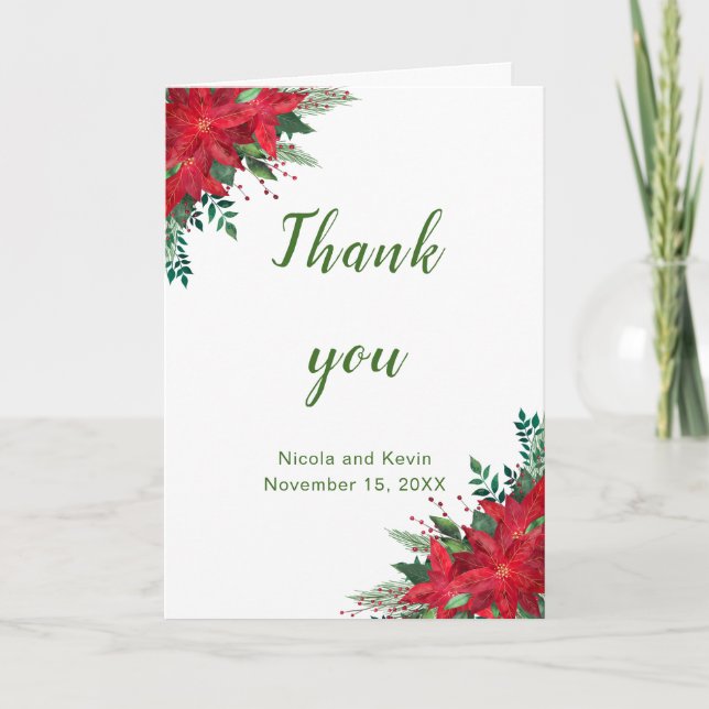 Weihnachts-Rote-Poinsettia-Blume Hochzeit Dankeskarte (Vorderseite)