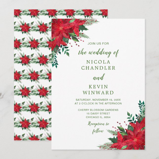 Weihnachts-Rote-Poinsettia-Blume Hochzeit Einladung (Vorne/Hinten)