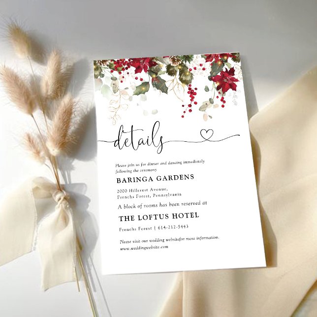 Weihnachts-Rote Poinsettia Hochzeitdetails Begleitkarte (Von Creator hochgeladen)