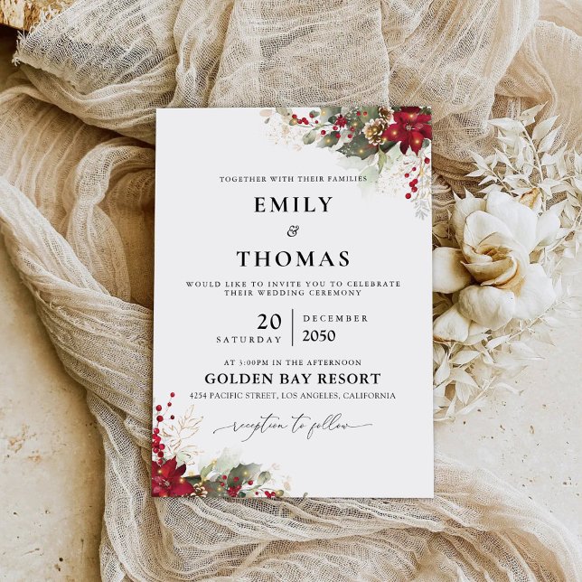 Weihnachts-Rote-Poinsettia-Hochzeitsfeier Einladung (Von Creator hochgeladen)