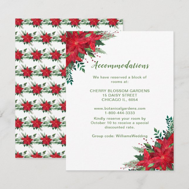 Weihnachts-Rote Poinsettia Hochzeitsunterkünfte Begleitkarte (Vorne/Hinten)