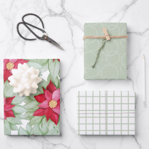 Weihnachts Rote Poinsettia Wasserfarbe Handgemalt Geschenkpapier Set