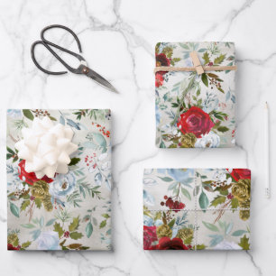 Weihnachts-Rote Rose Dusty Blue Peony Holly Berrie Geschenkpapier Set