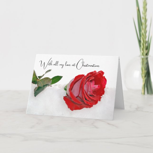 Weihnachts-Rote Rose im Schnee Feiertagskarte (Vorderseite)