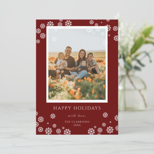 Weihnachts Rote Schneeflocken Frames Foto Weihnach Einladung (Stehend Vorderseite)
