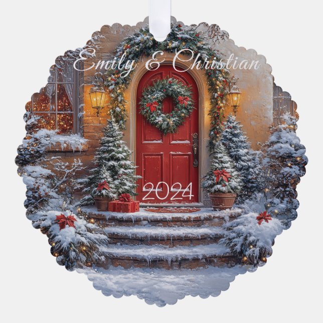 Weihnachts Rote Tür Kranz Lichter Ornament Karte (Vorderseite)