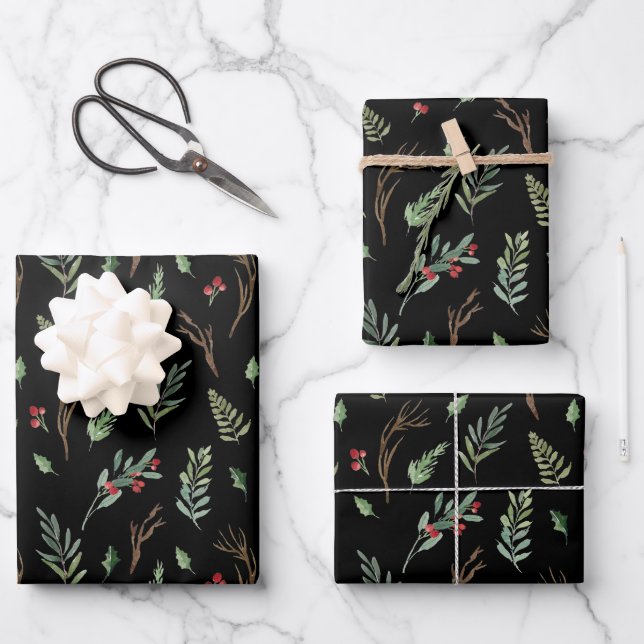 Weihnachts Roter Berry Botanische Wasserfarbe Schw Geschenkpapier Set (Vorderseite)
