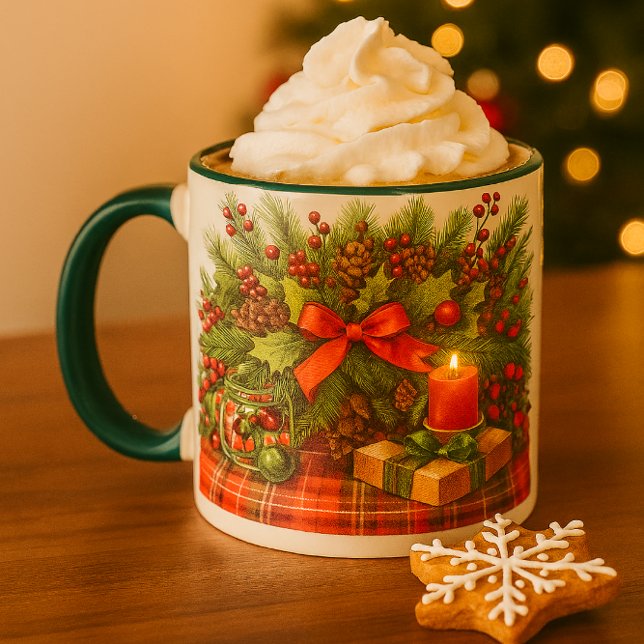 Weihnachts-Roter Bow mit Grün Tasse (“Wrapped in pine and candlelight: this festive mug brings woodland charm to every cozy sip.")